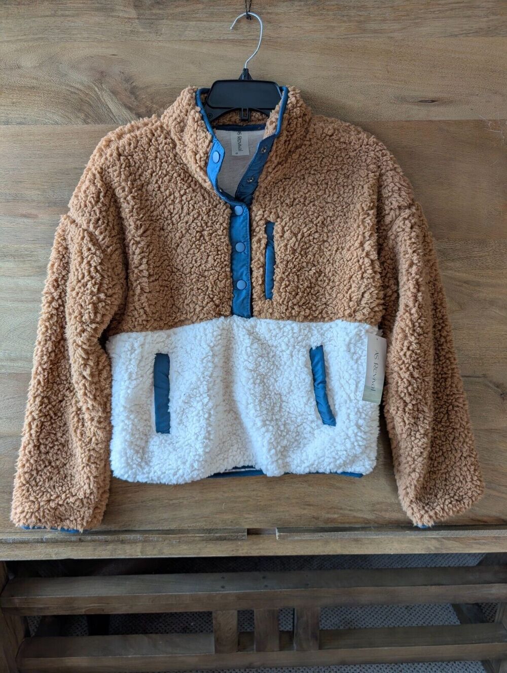 AS Revival Sherpa Fleece Sweater Women XS Brown White Colorblock Snap Front